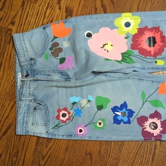 Flower Power retro baggy straight leg hi rise painted denim jeans W29 - Picture 5 of 10